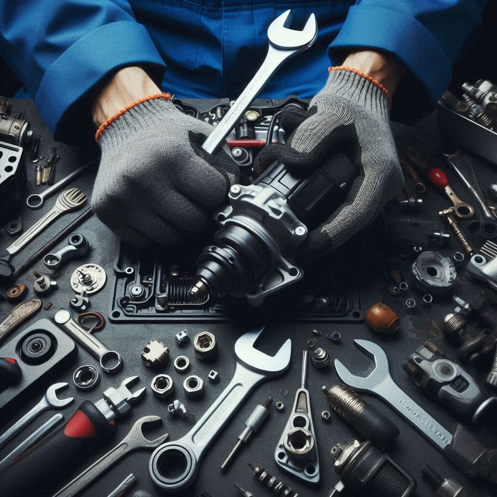 Close-up van een gedemonteerde startmotor op een werkbank, klaar voor revisie.